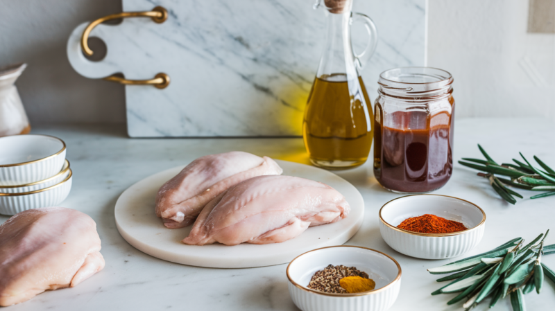 Air Fryer Barbecue Rubbed Chicken Breast Ingredients laid out on the white marble countertop