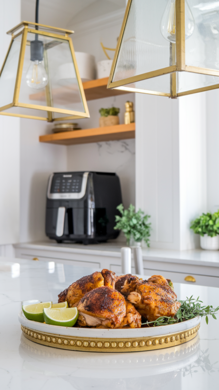 Air Fryer Jerk Seasoned Chicken Thighs -  jerk seasoned chicken thighs on a white gold-rimmed ceramic plate with lime wedges and a sprig of fresh thyme