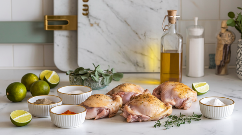 Air Fryer Jerk Seasoned Chicken Thighs - chicken thighs, small gold-rimmed white bowls with spices, a bottle of oil, fresh limes, and thyme sprigs