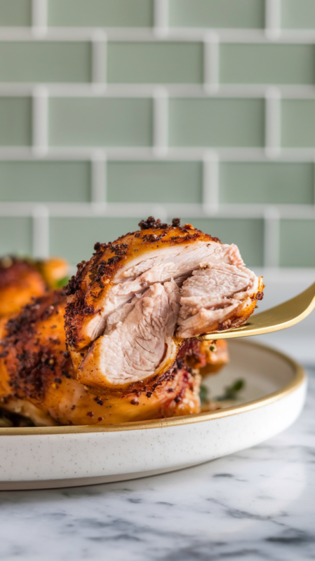 Close-up of a bite of jerk seasoned chicken thigh on a gold fork