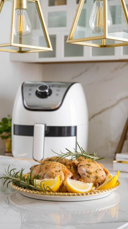 Air Fryer Lemon Rosemary Chicken Thighs on a white gold-rimmed ceramic plate with fresh rosemary sprigs and lemon wedges