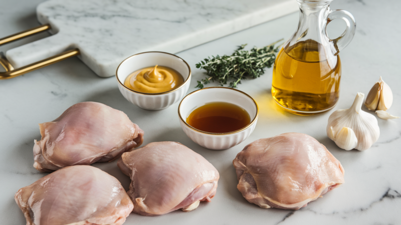 Air Fryer Maple Dijon Chicken Thighs Ingredients laid out on the white marble countertop