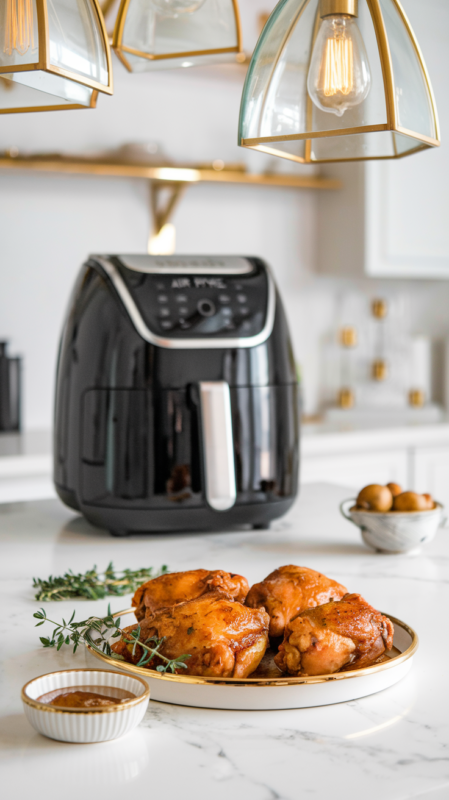 Air Fryer Maple Dijon Chicken Thighs on a white gold-rimmed ceramic plate with a sprig of fresh thyme and a small bowl of extra glaze