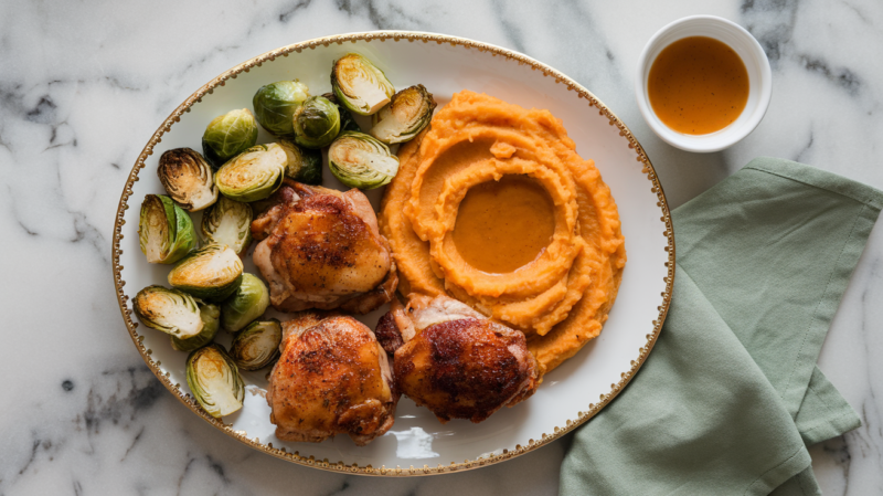 Air Fryer Maple Dijon Chicken Thighs plated with roasted Brussels sprouts and sweet potato mash on a white and gold rimmed platter