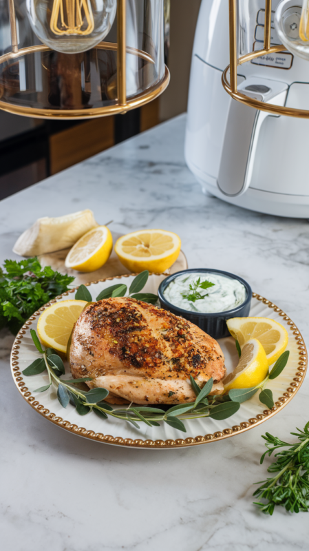 Air Fryer Mediterranean Chicken Breast on a white gold-rimmed ceramic plate with lemon wedges, fresh herbs, and a small dish of tzatziki