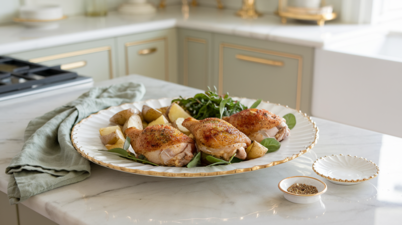 paprika and herb chicken thighs plated with roasted potatoes and a green salad on a white and gold rimmed platter