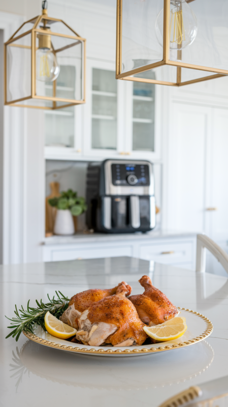 Paprika and herb chicken thighs on a white gold-rimmed ceramic plate with a sprig of fresh rosemary and lemon wedges