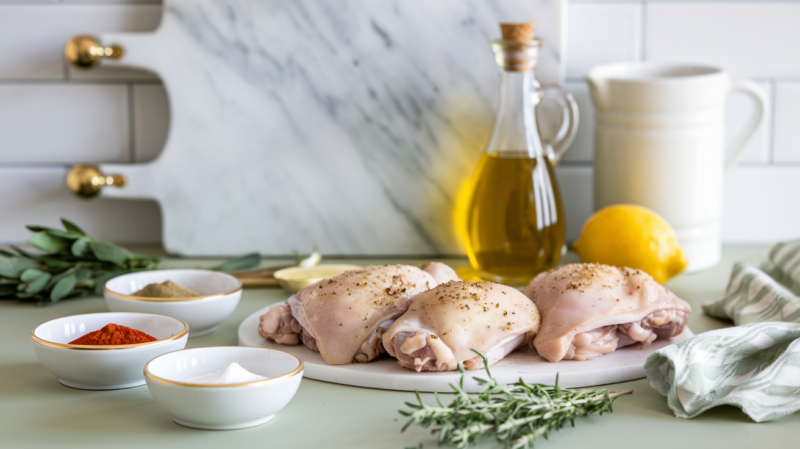 Air Fryer Paprika and Herb Chicken Thighs - chicken thighs, small gold-rimmed white bowls with spices, a bottle of olive oil, fresh lemon, and herb sprigs