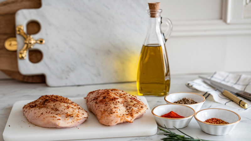 Air Fryer Spicy Cajun Chicken Breast Recipe Ingredients laid out on the white marble countertop