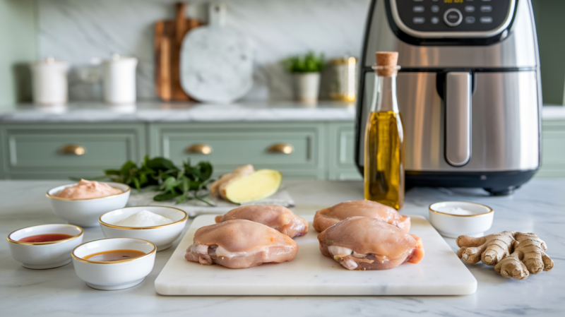 Air Fryer Sweet and Sour Chicken Thighs Ingredients laid out on the white marble countertop