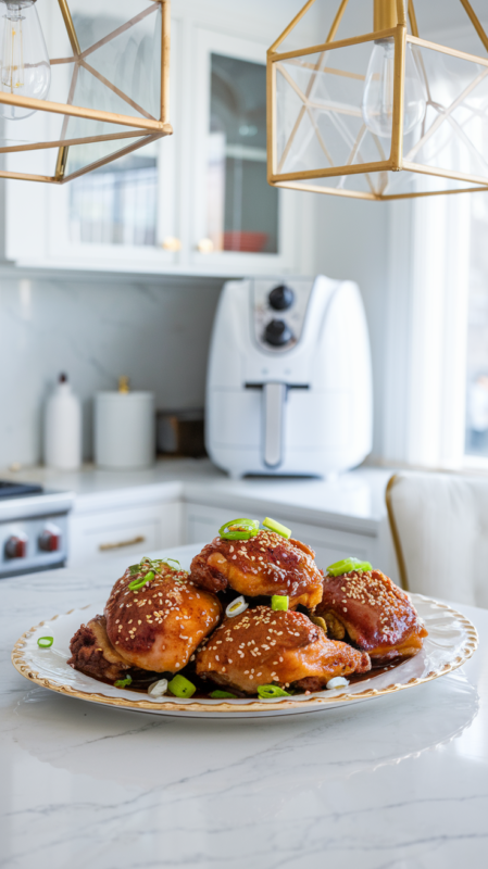 Air Fryer Sweet and Sour Chicken Thighs on a white gold-rimmed ceramic plate with a sprinkle of sesame seeds and sliced green onions