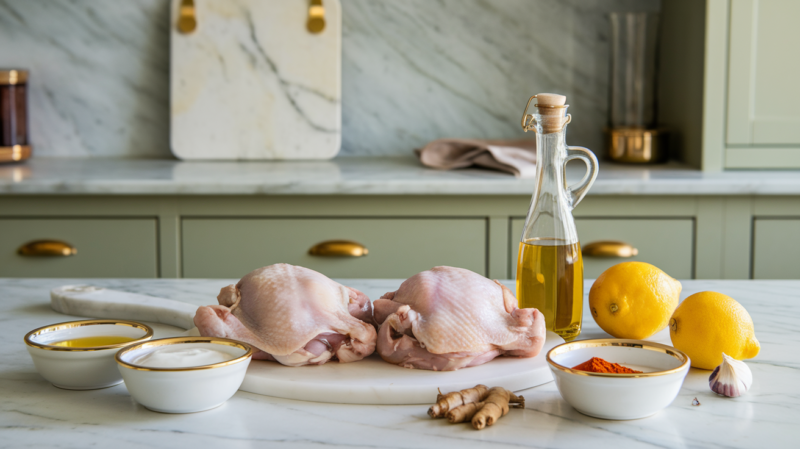 Air Fryer Tandoori Chicken Thighs Ingredients laid out on the white marble countertop