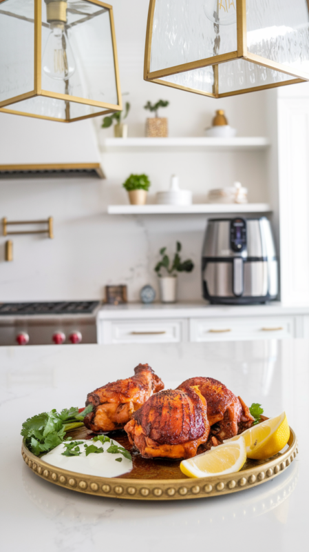 Air Fryer Tandoori Chicken Thighs on a plate with a dollop of yogurt