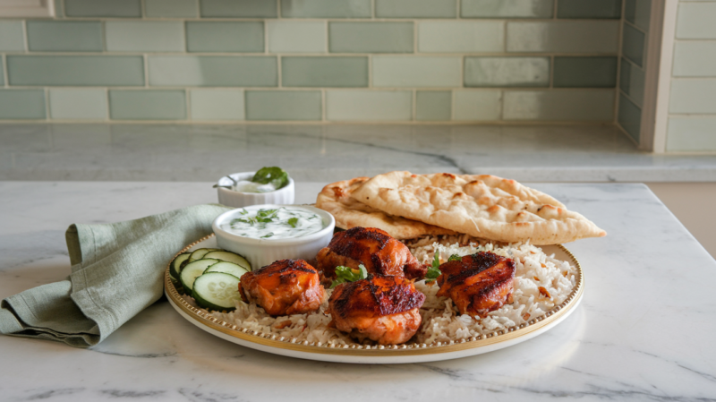 Air Fryer Tandoori Chicken Thighs plated with basmati rice, cucumber raita, and naan bread on a white and gold rimmed platter