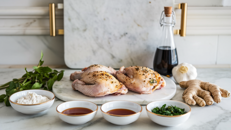 Air Fryer Teriyaki Chicken Thighs Ingredients laid out on the white marble countertop.