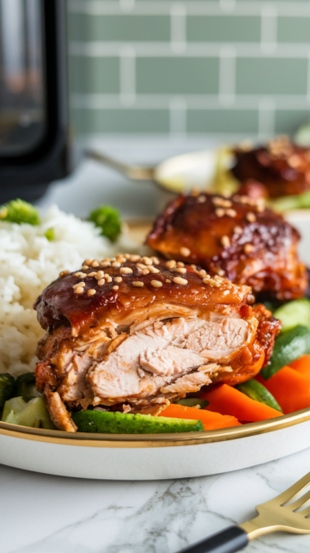 Close-up of a bite of Air Fryer Teriyaki Chicken Thighs plated with steamed jasmine rice and stir-fried vegetables on a white and gold rimmed platter on a gold fork