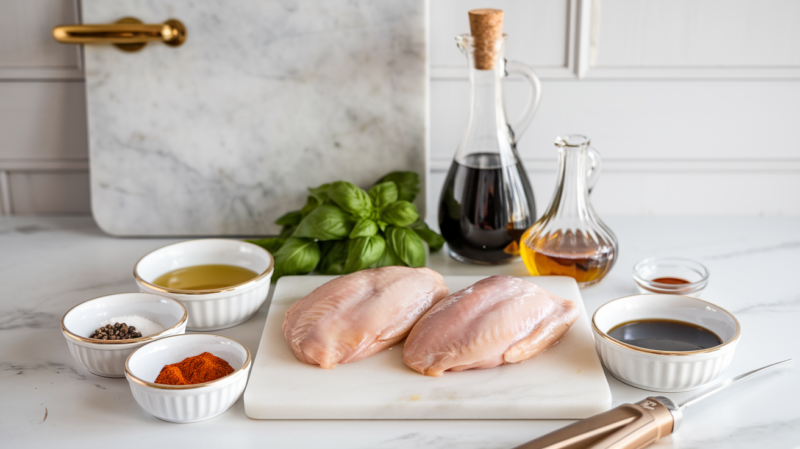 Balsamic Glazed Chicken Breast Air Fryer recipe Ingredients laid out on the white marble countertop