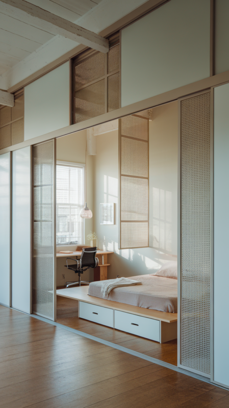 Bedroom area in open loft, creative privacy solutions, sliding panels