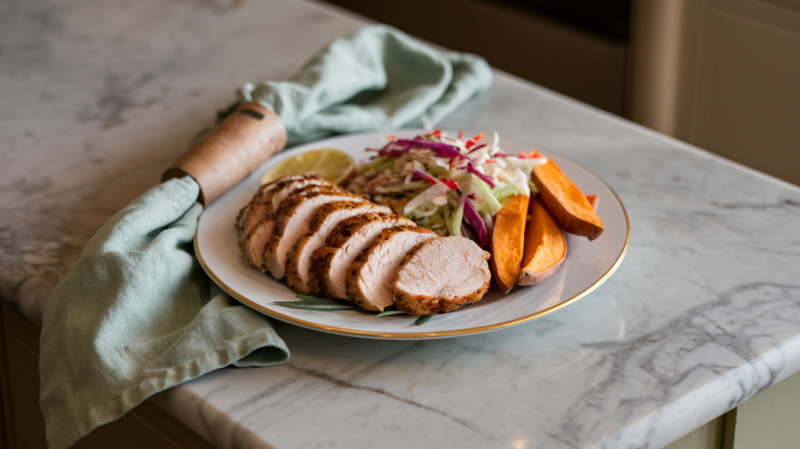 Cajun chicken breast plated with coleslaw and sweet potato wedges on a white and gold rimmed plate