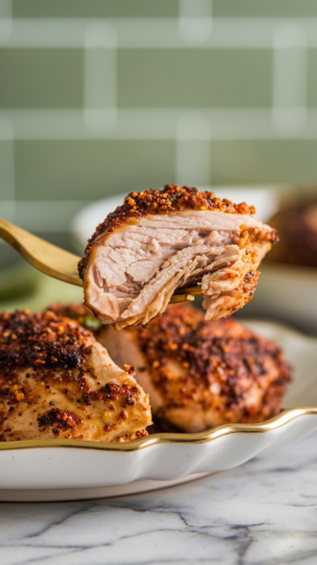 Close-up of a bite of Cajun chicken on a gold fork