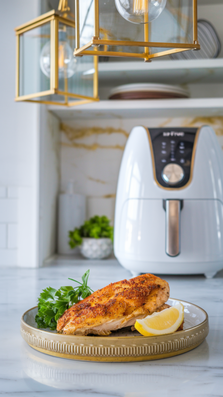 Cajun-spiced chicken breast on a white gold-rimmed ceramic plate with a wedge of lemon and a sprinkle of fresh parsley