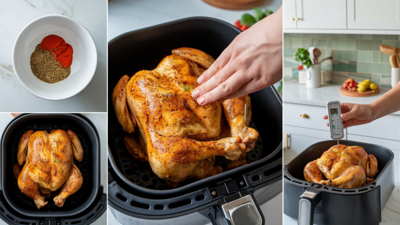 Collage showing 1) mixing the paprika and herb seasoning, 2) rubbing chicken with seasoning, 3) chicken in air fryer basket, 4) finished chicken being checked with meat thermometer