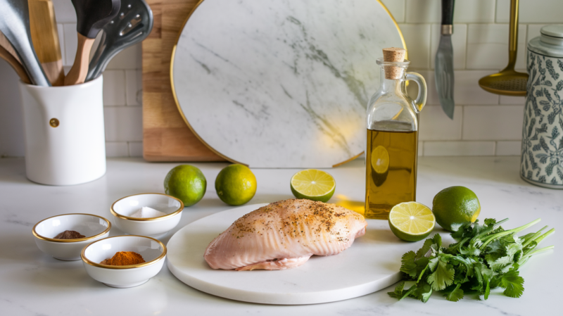 Chipotle Lime Chicken Breast Air Fryer Ingredients laid out on the white marble countertop