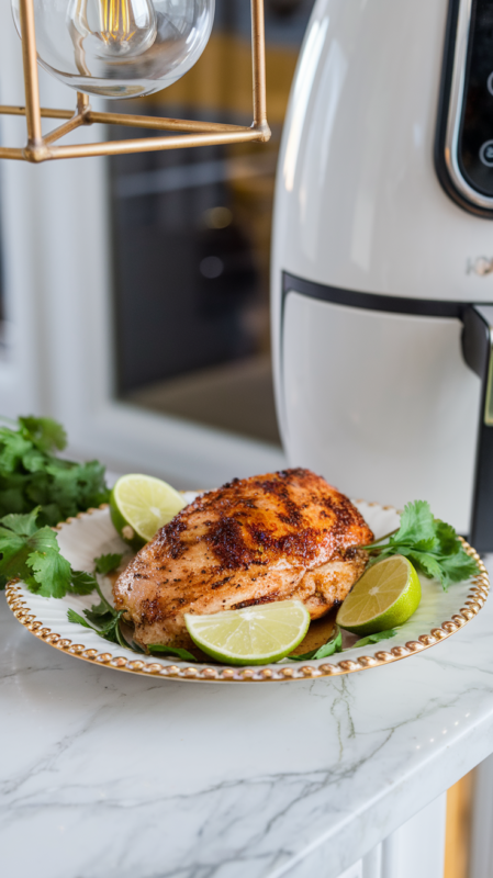 Chipotle Lime Chicken Breast Air Fryer on a white gold-rimmed ceramic plate with lime wedges and fresh cilantro