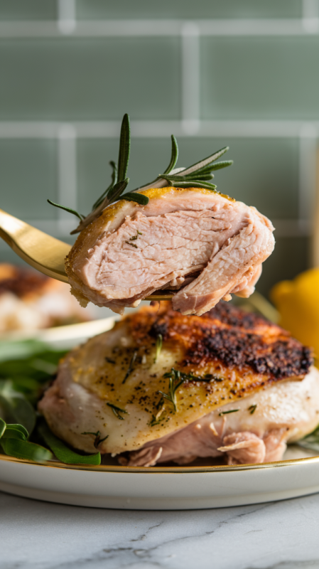 Air Fryer Lemon Rosemary Chicken Thighs on a gold fork