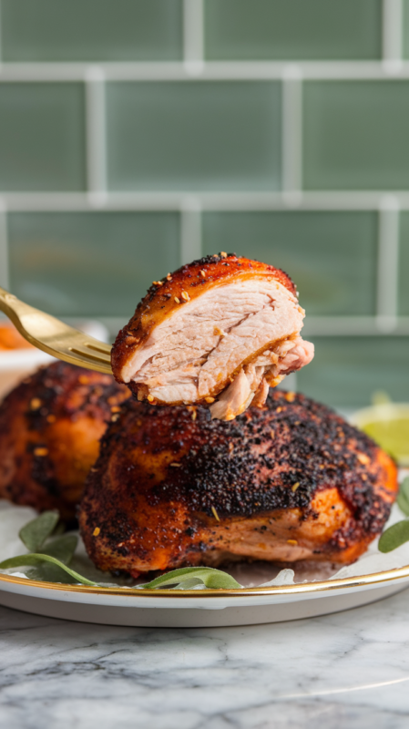 Close-up of a bite of Air Fryer Tandoori Chicken Thighs