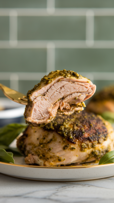 Close-up of a bite of Air Fryer Pesto Chicken Thighs on a gold fork