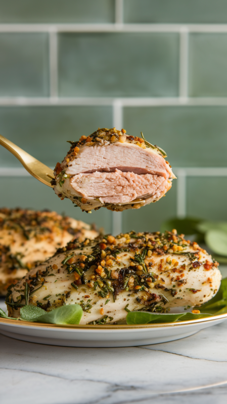 Close-up of a bite of ranch seasoning chicken on a gold fork