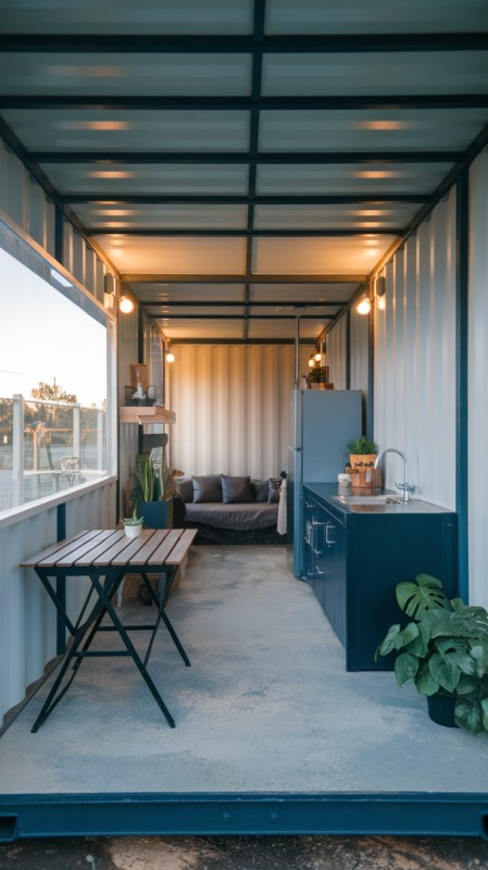 Container home kitchen and living area