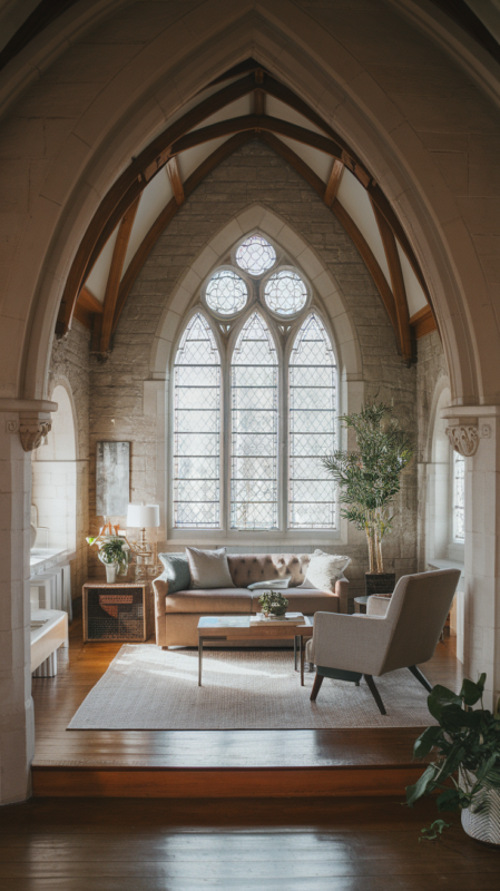 Daily life in converted church home, cozy living areas beneath Gothic arches, morning light through stained glass