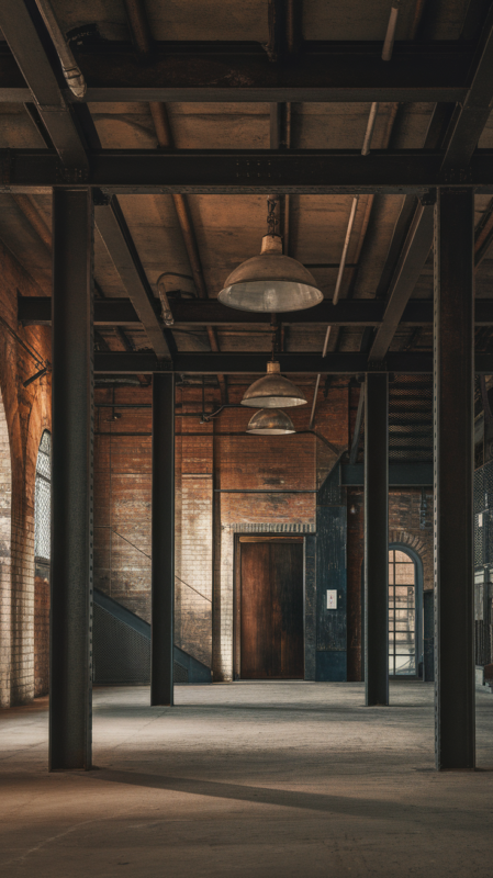 Detailed shots of industrial elements - exposed brick, steel beams, concrete floors, vintage lighting fixtures