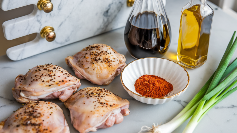 Five Spice Chicken Thighs Air Fryer Ingredients laid out on the white marble countertop.