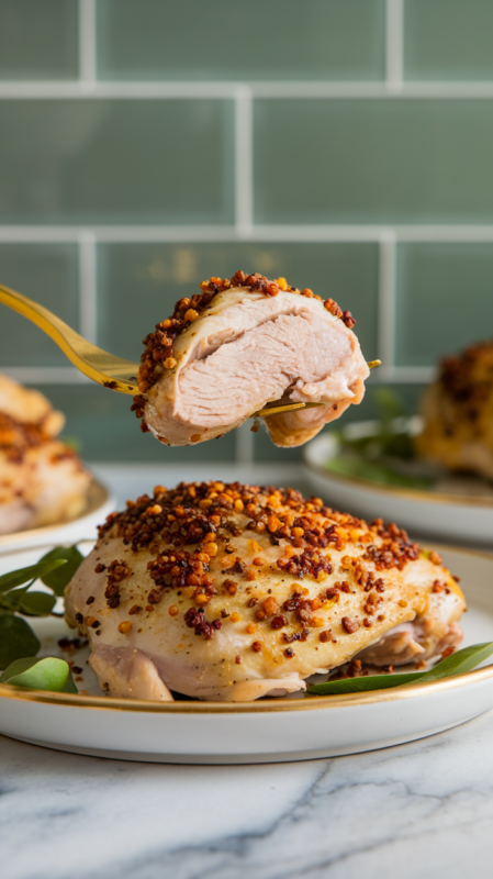 Five Spice Chicken Thighs Air Fryer on a gold fork