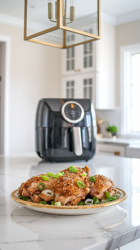 Five Spice Chicken Thighs Air Fryer on a white gold-rimmed ceramic plate with a sprinkle of sesame seeds and sliced green onions