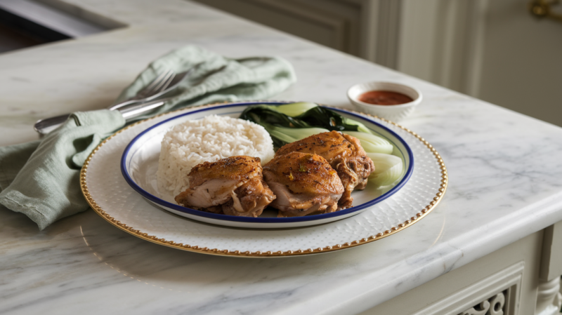 Five Spice Chicken Thighs Air Fryer plated with steamed jasmine rice and stir-fried bok choy