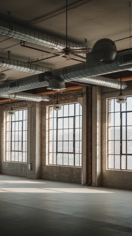 HVAC solutions in industrial loft, exposed ductwork as design feature