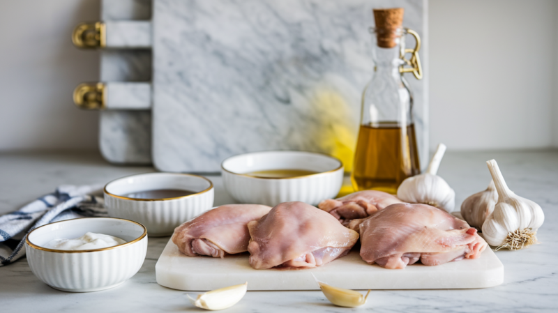 Honey Garlic Chicken Thighs Air Fryer Ingredients laid out on the white marble countertop