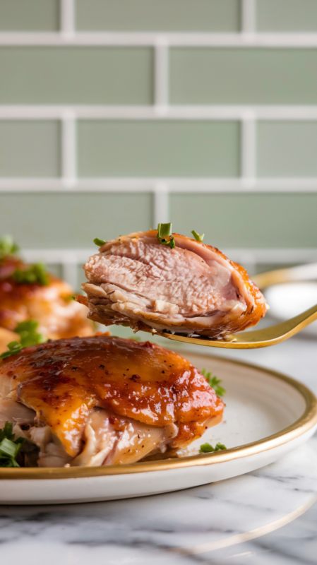 Honey Garlic Chicken Thighs Air Fryer on a gold fork