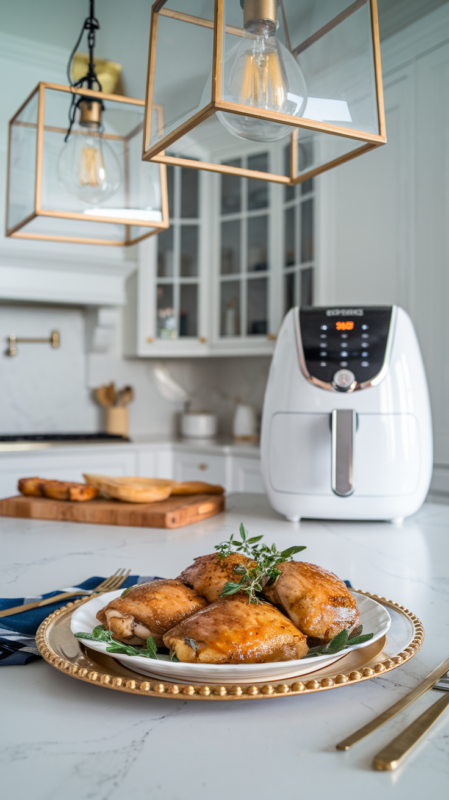 Honey Garlic Chicken Thighs Air Fryer on a white gold-rimmed ceramic plate with a drizzle of extra sauce and a sprig of fresh thyme