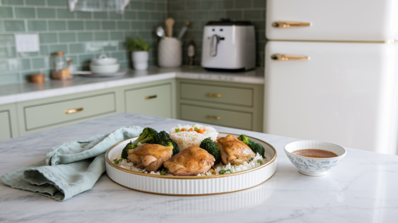 Honey Garlic Chicken Thighs Air Fryer plated with steamed broccoli and jasmine rice on a white and gold rimmed platter