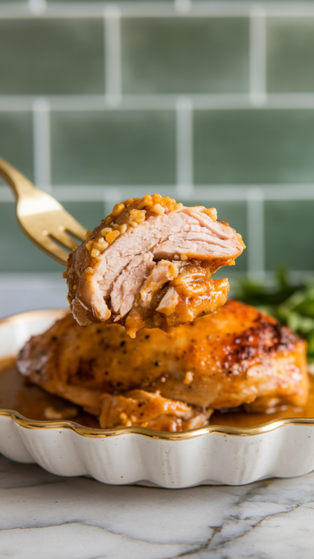 Honey Mustard Chicken Breast Air Fryer on a gold fork