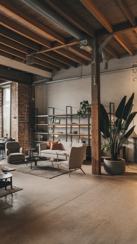 Industrial loft color scheme, neutral base with strategic color accents