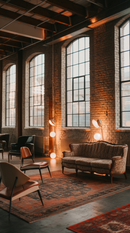 Industrial loft living room, mix of vintage and modern furniture