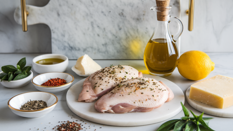 Italian Herb Chicken Breast Air Fryer recipe Ingredients laid out on the white marble countertop