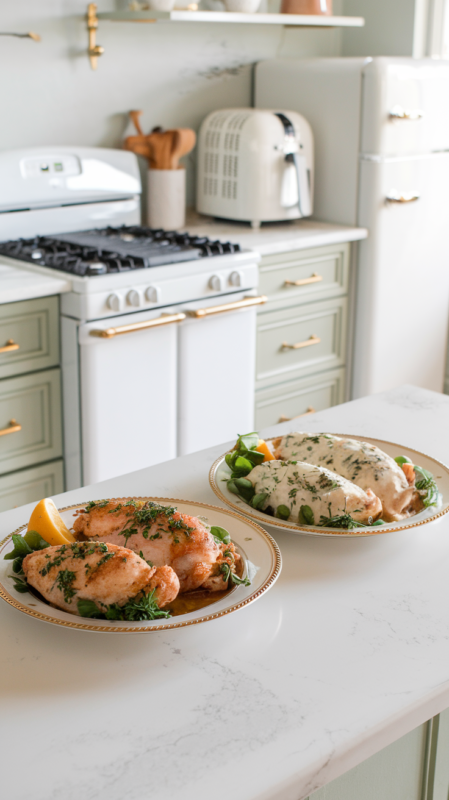 Italian herb chicken and the creamy Italian variation on white gold-rimmed plates