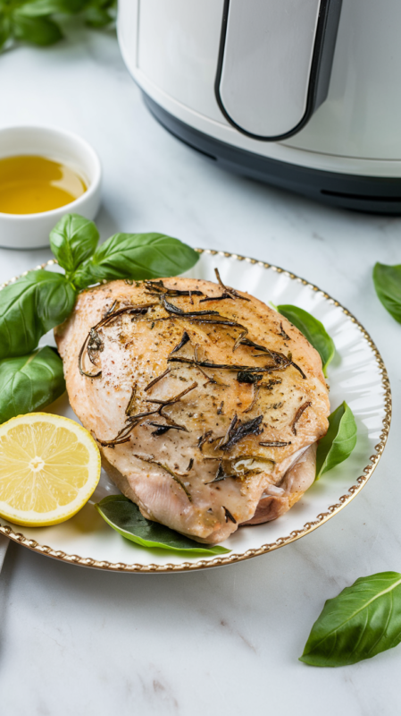 Italian herb chicken breast on a white gold-rimmed ceramic plate with a lemon wedge, fresh basil leaves, and a small bowl of extra virgin olive oil